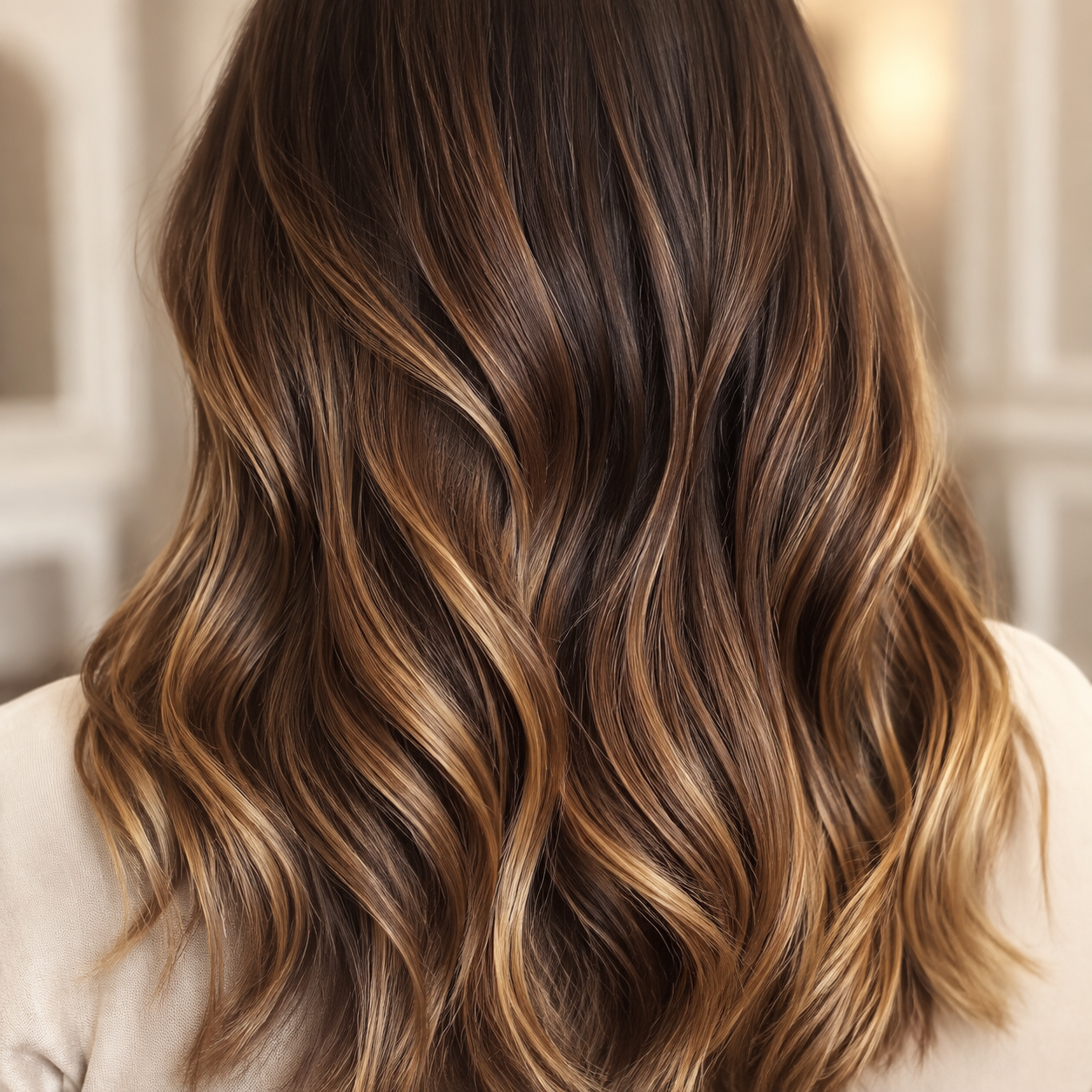 Inspiración de balayage castaño con reflejos dorados y ondas
